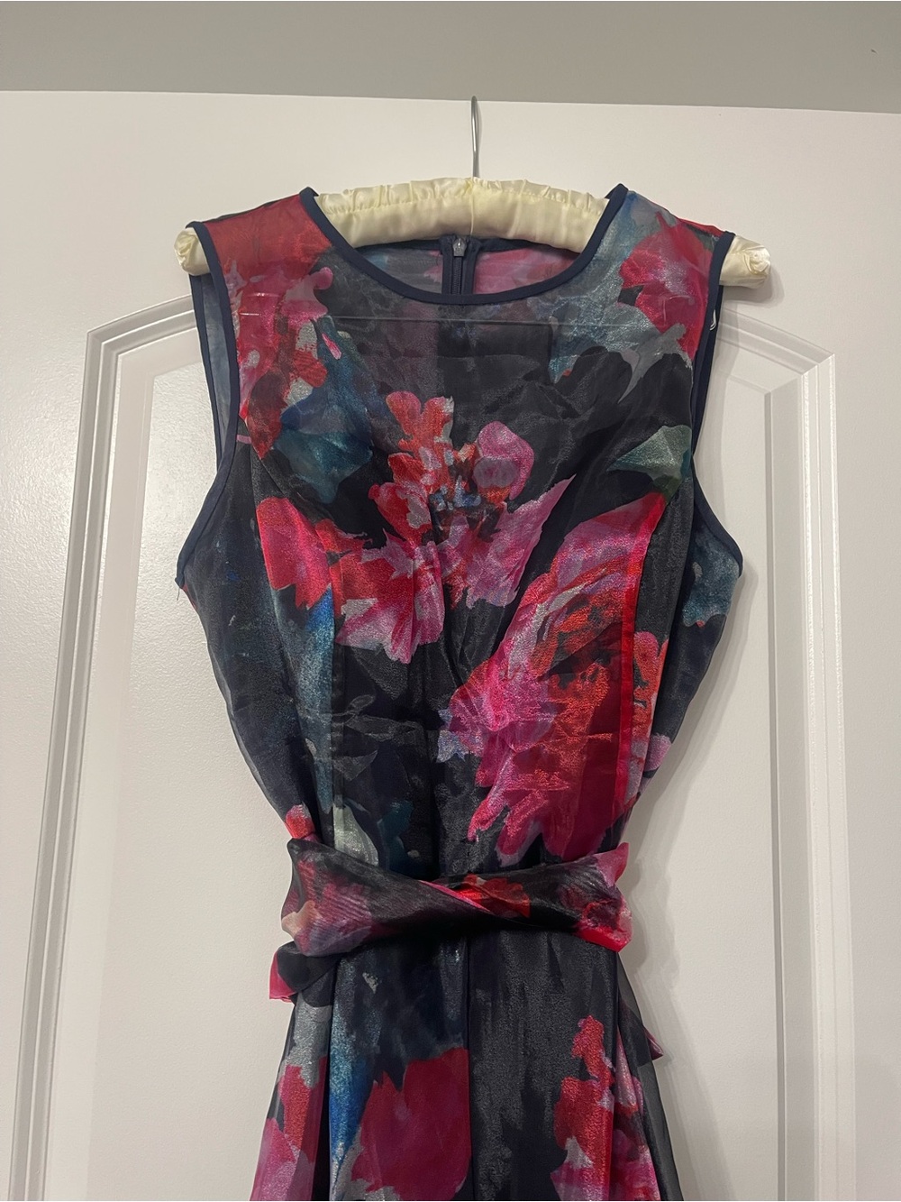 Eliza J. Floral Blue and Red Organza Wide Leg Jumpsuit Size 14 Quiet Luxury Y2k - Picture 5 of 15